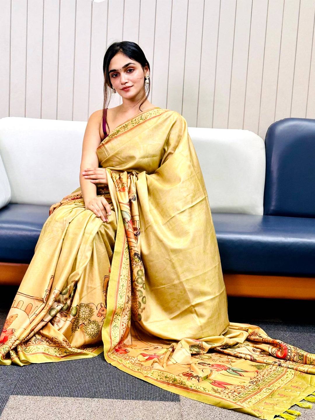 Light Green Free Hand Kalamkari Print Saree by My Store