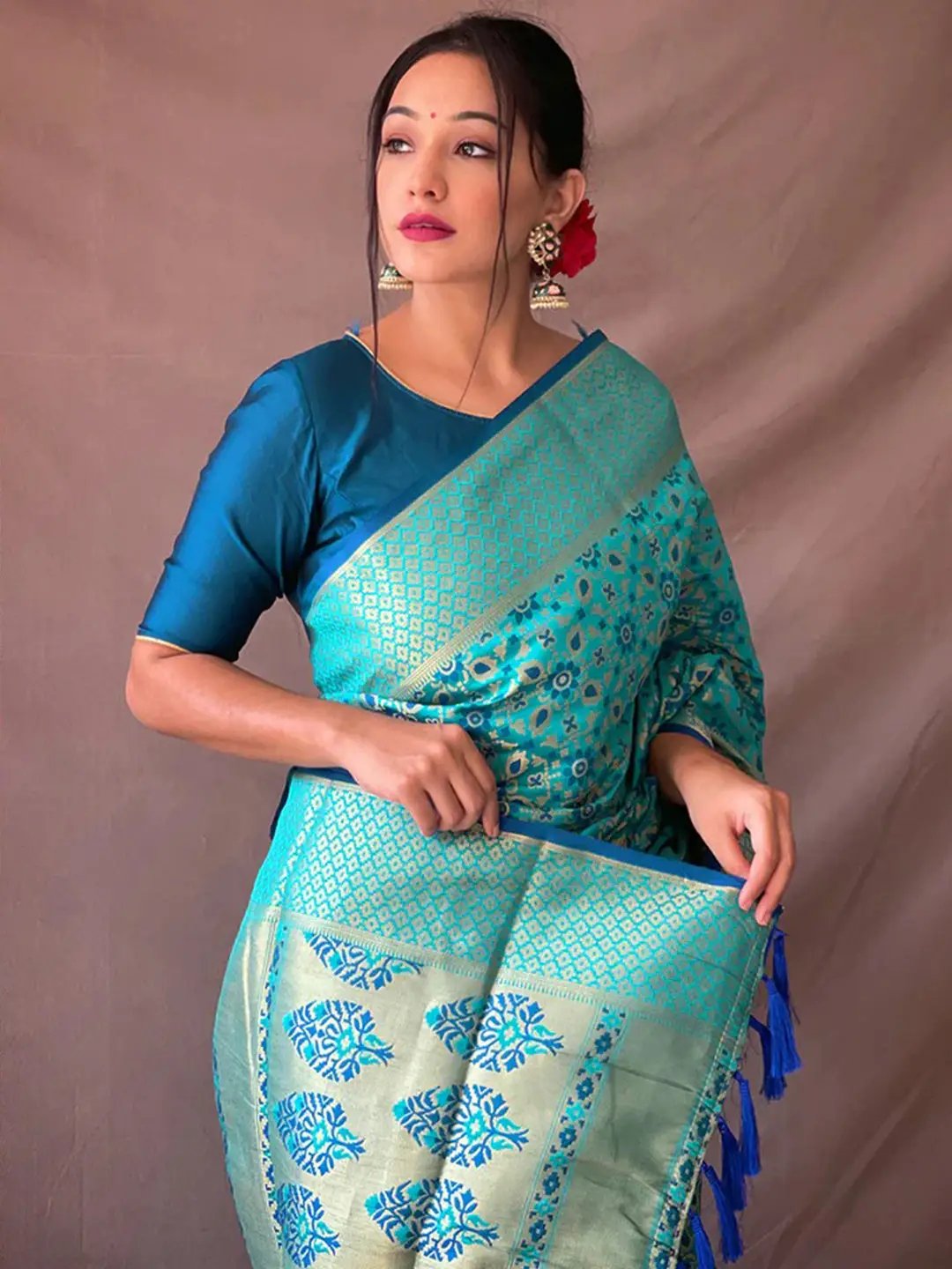 Cerulean Blue Rajkoti Patola Silk Zari Woven Saree by My Store