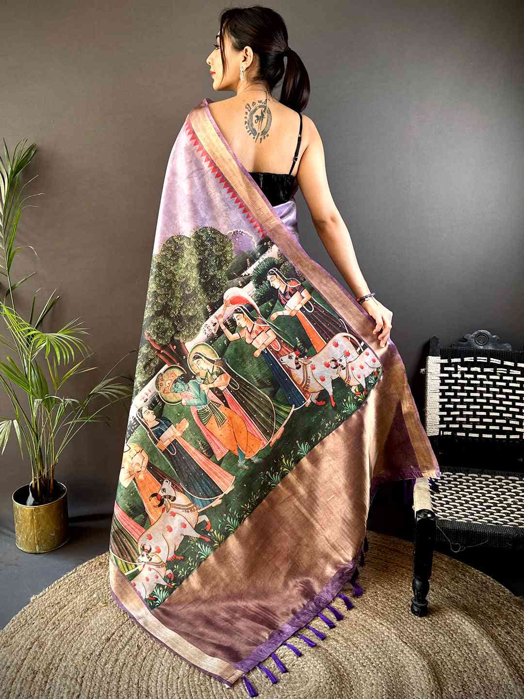 Lavender Soft Silk Tissue Pichwai Print Saree by My Store