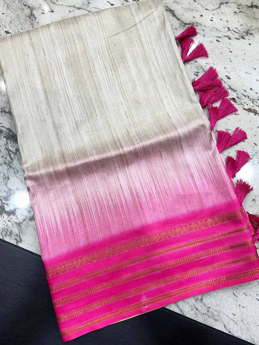 Pink Ikkat Motifs and Paisley Prints on Ghicha Saree by My Store