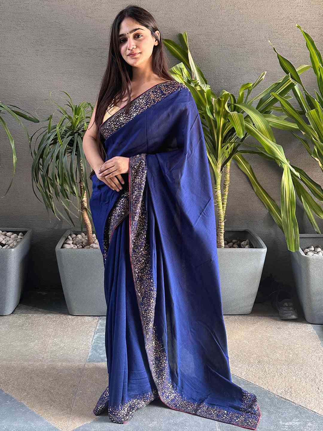 Navy colour Vichitra Silk Saree With Embellish Swarovski Stone work by My Store