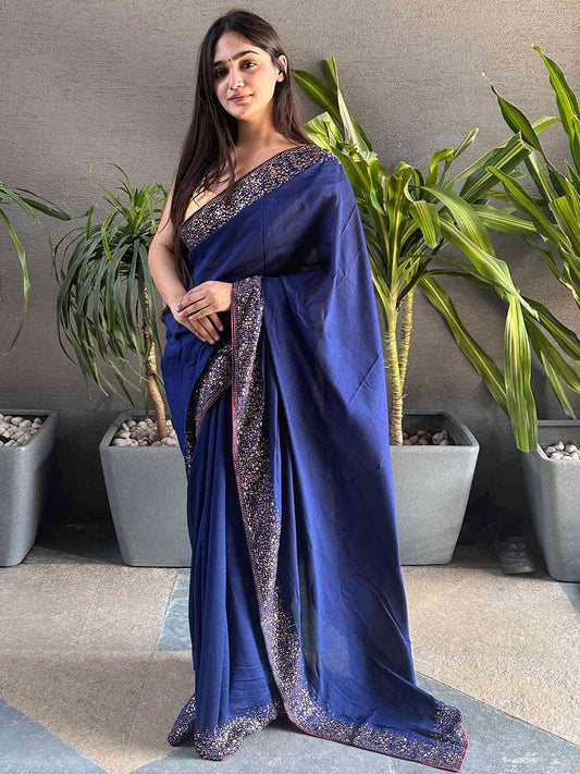 Navy colour Vichitra Silk Saree With Embellish Swarovski Stone work by My Store
