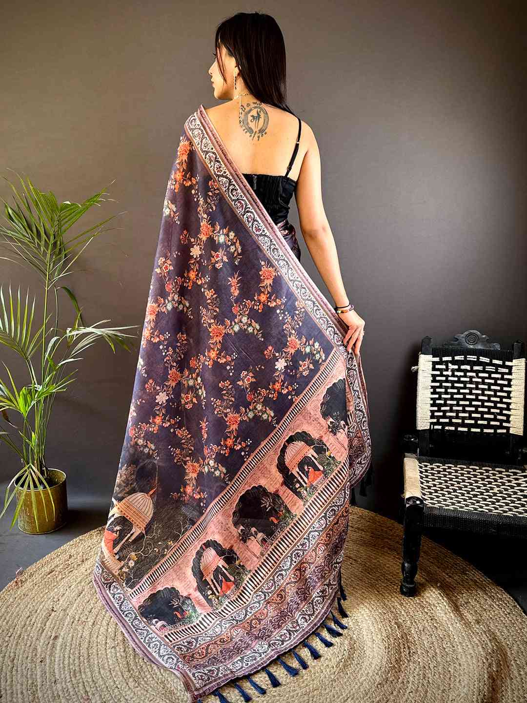 Navy Blue Tissue Chanderi Kalamkari Handprint Saree by My Store