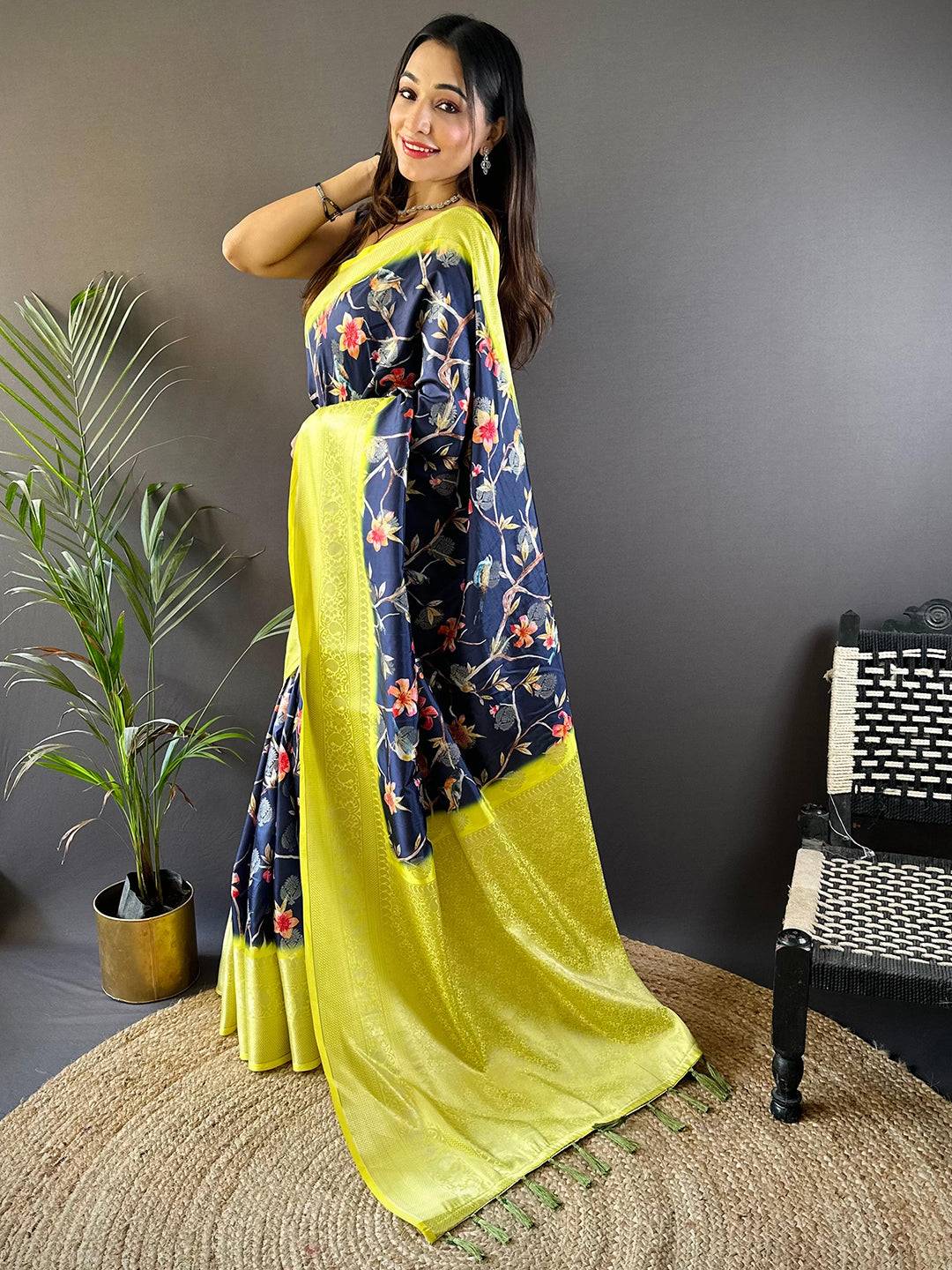 Navy Blue Floral Brids Print Saree by My Store