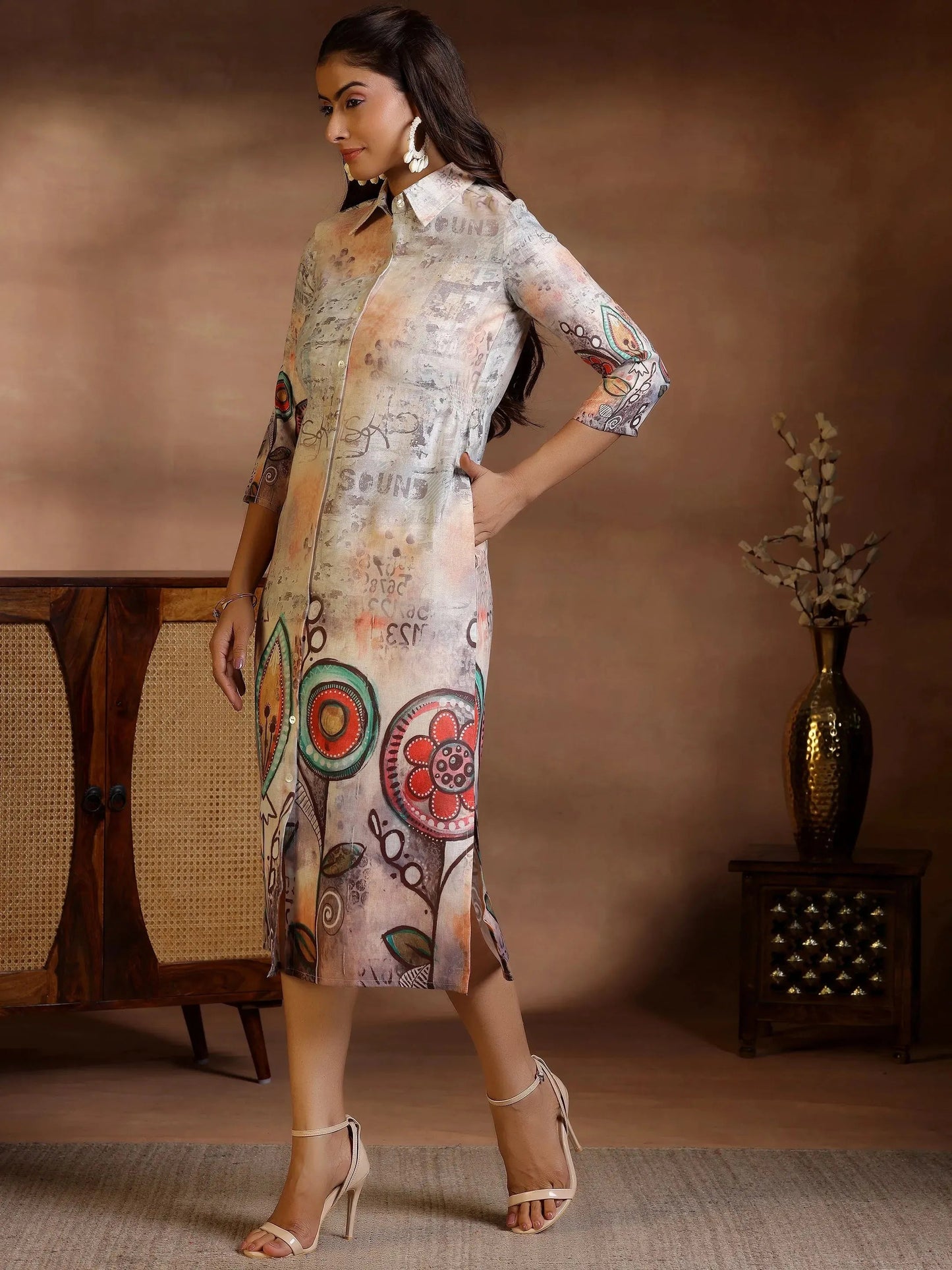 Off White Printed Cotton Blend A-Line Dress by My Store