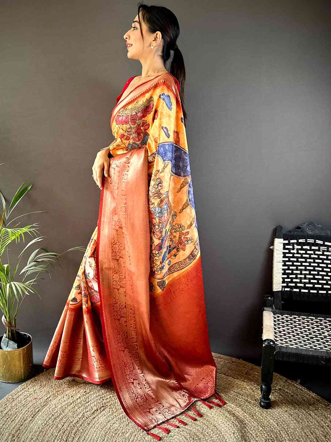 Mustard Ramayana Pen Kalamkari Printed Saree by My Store