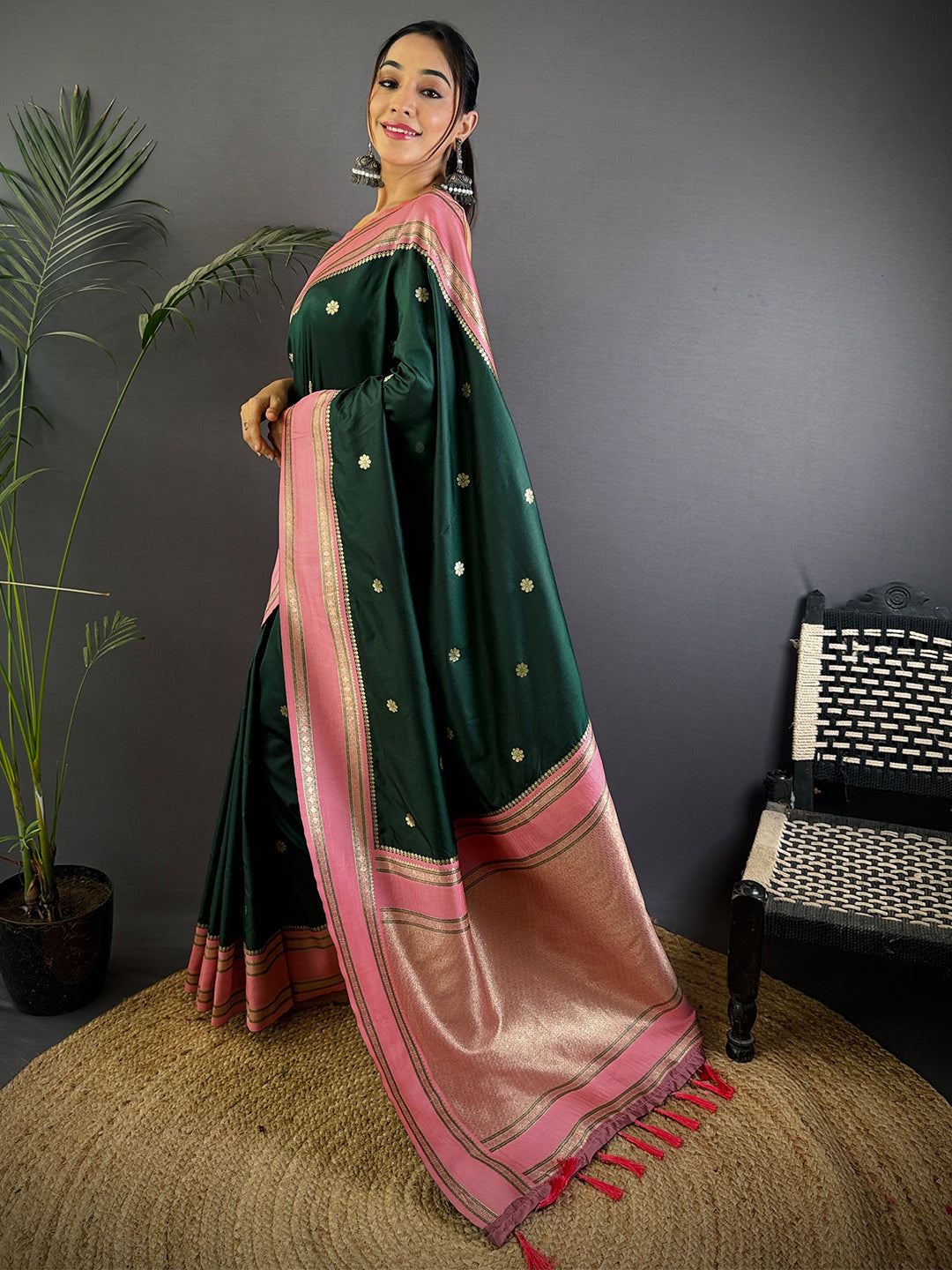 Bottle Green Soft Silk Floral Butta Saree by My Store