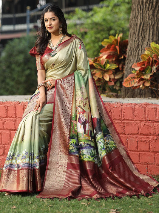 Viscose Dola Silk Pista Colour Saree with Floral and Mughal Print - Luxe
