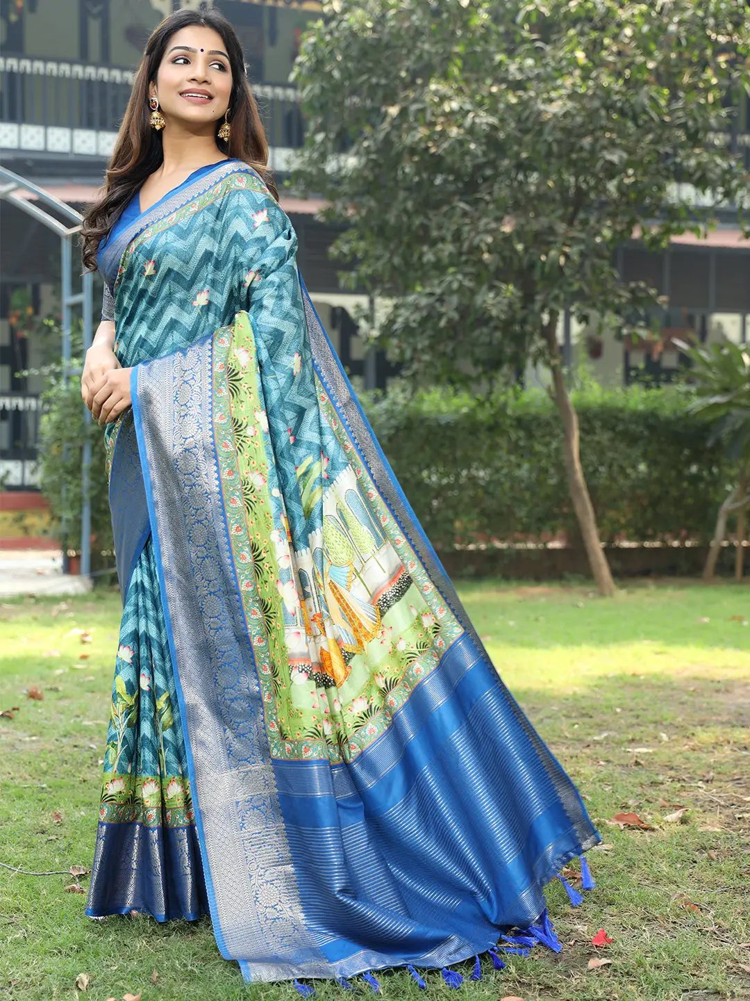 Blue Colour Pure Viscose Dola Silk Saree with Pichwai Kalamkari Print - Luxe