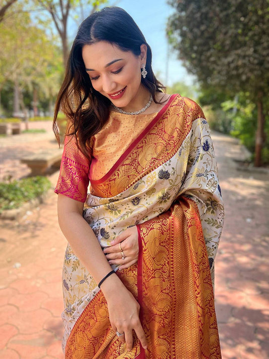 Red Colour Banarasi One Grm Tissue Silk Festive Wear Saree by My Store