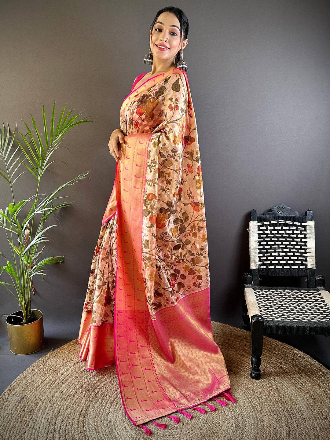 Light Peach Floral Paithani Kora Silk Saree by My Store