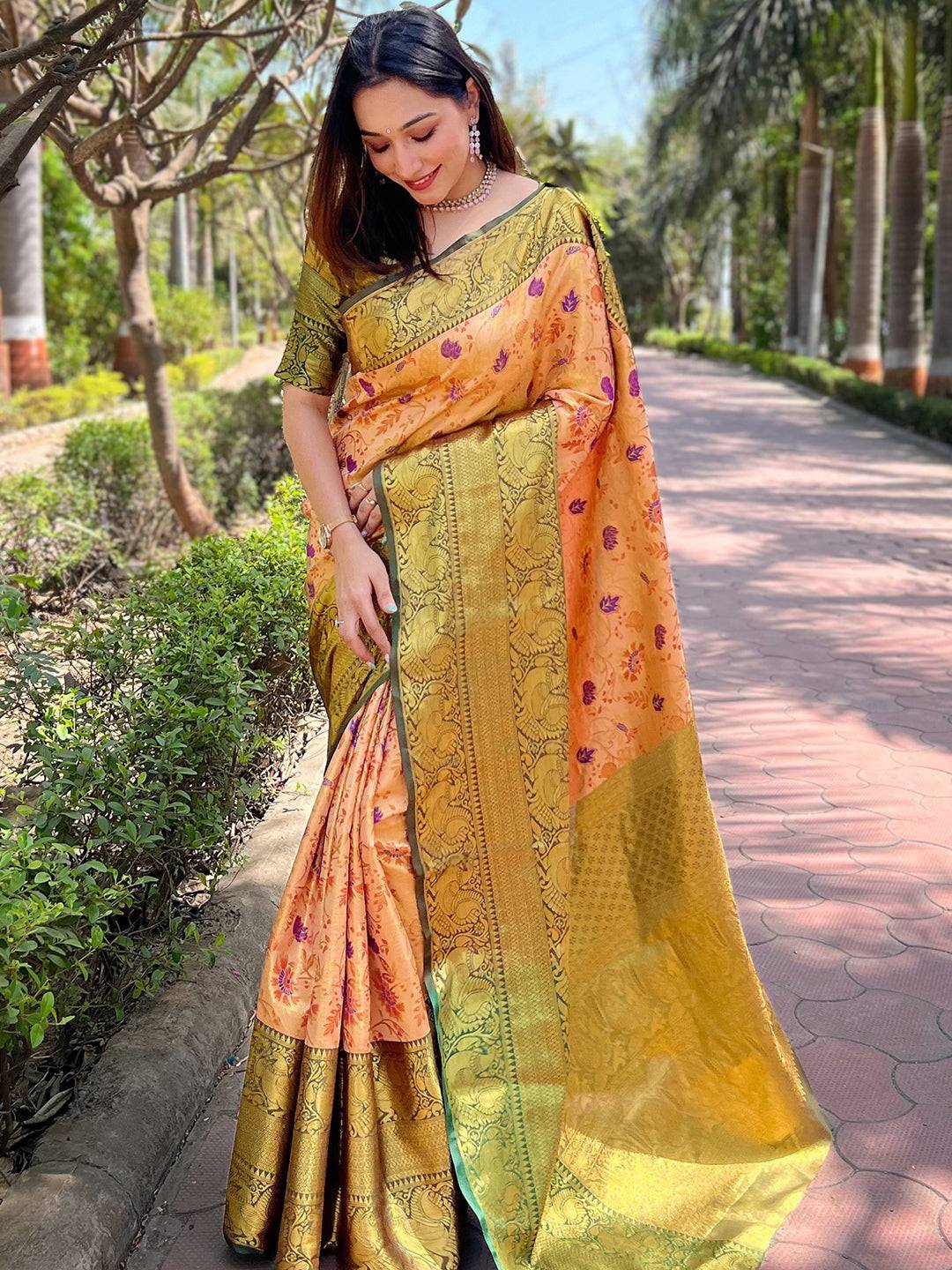 Orange Colour Banarasi One Grm Tissue Silk Festive Wear Saree by My Store