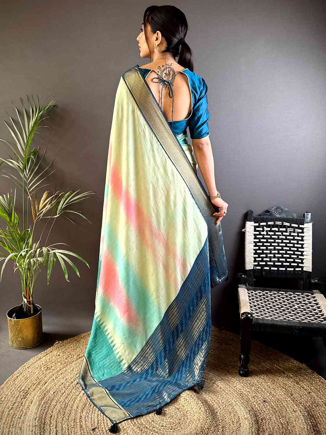 Radiant Cotton Viscose Zari Check Ombre Saree by My Store