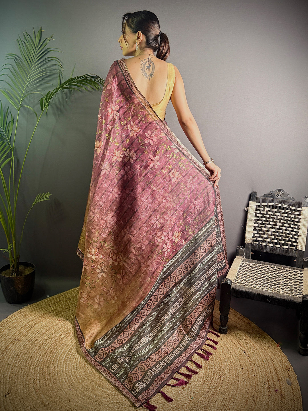 Maroon Linen Juth Digital Print Saree by My Store