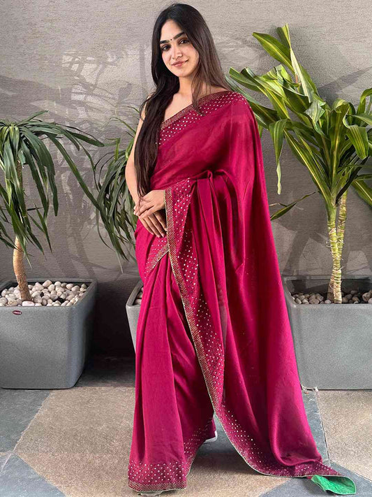 Wine colour Vichitra Silk Saree With Embellish Swarovski Stone work