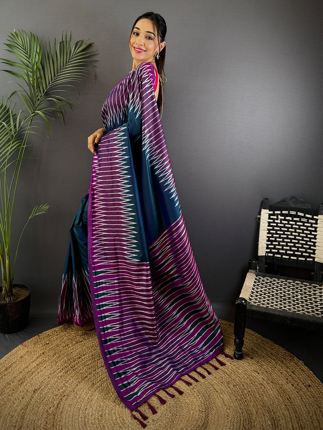 Blue Soft Silk Ikkat Zari Weaving Saree