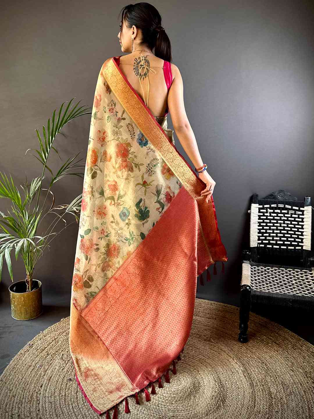 Beige Floral Gold Zari Tissue Saree