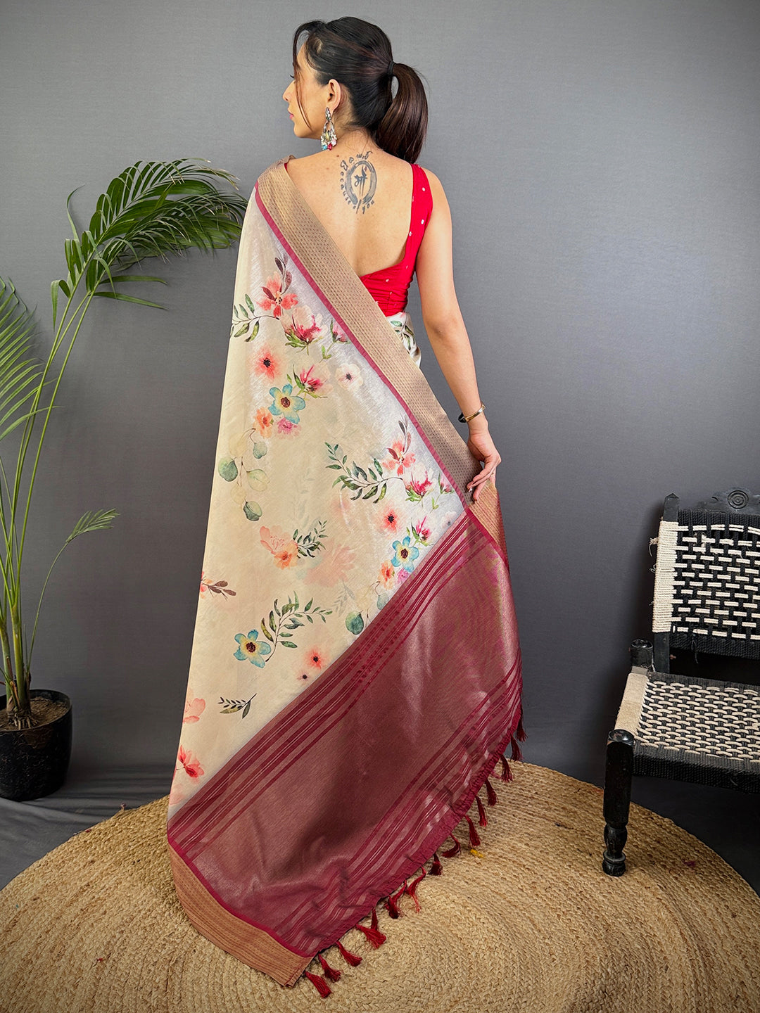 Off White Tussar Silk Digital Print Saree by My Store