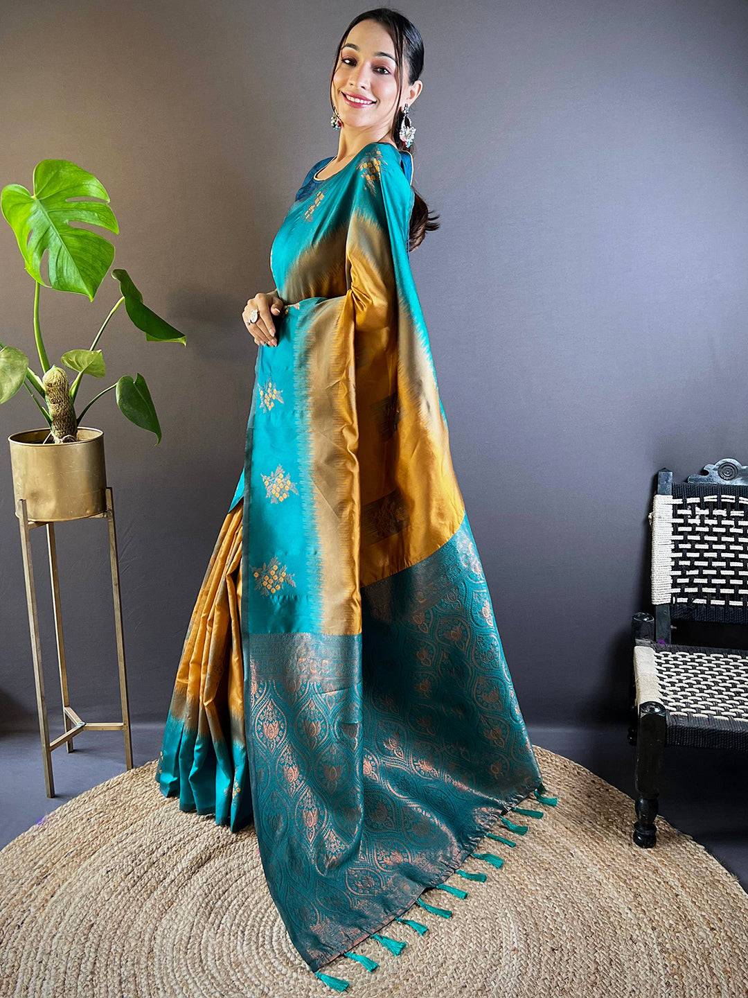 Mustard Sami Banarasi Tussar Silk Saree by My Store