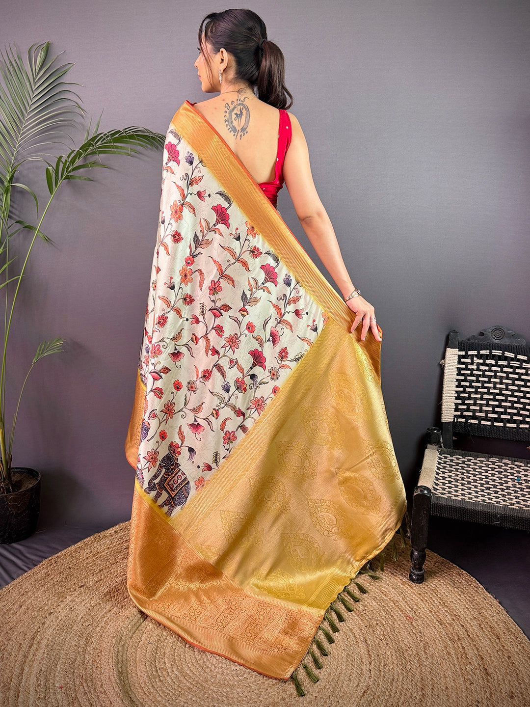 Mint Green Cherry Satin Kalamkari Saree by My Store