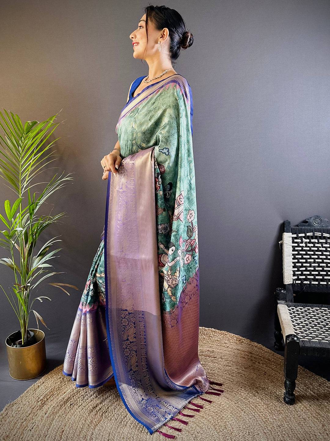 Intricate Aqua Pearl Banarasi Silk Saree by My Store