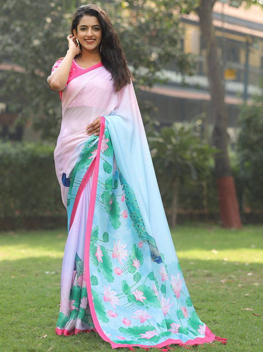 Satin Georgette Light Pink Colour Hand Print Saree - Luxe by My Store