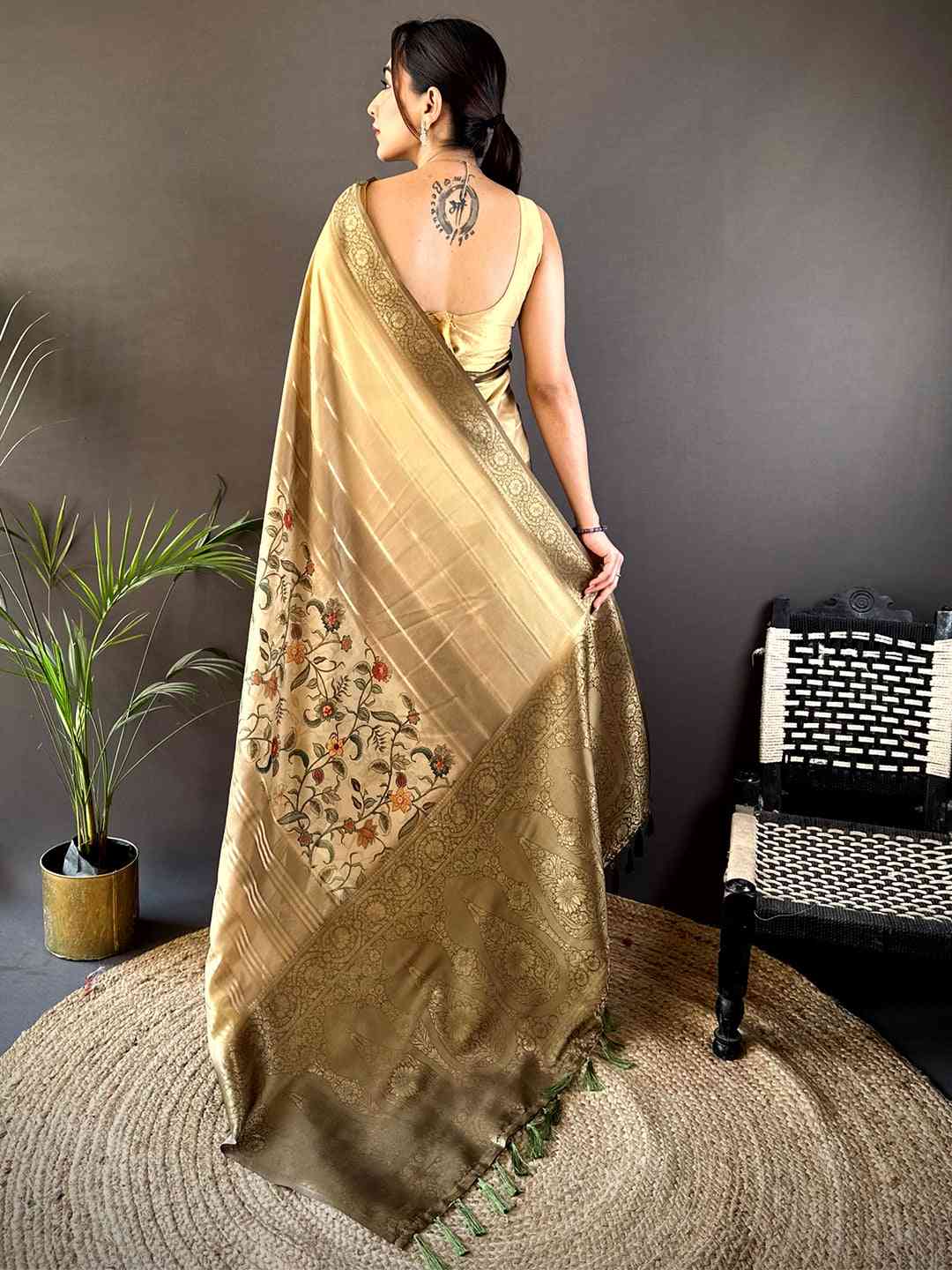 Olive Kalamkari Ombre Crepe Silk Saree by My Store
