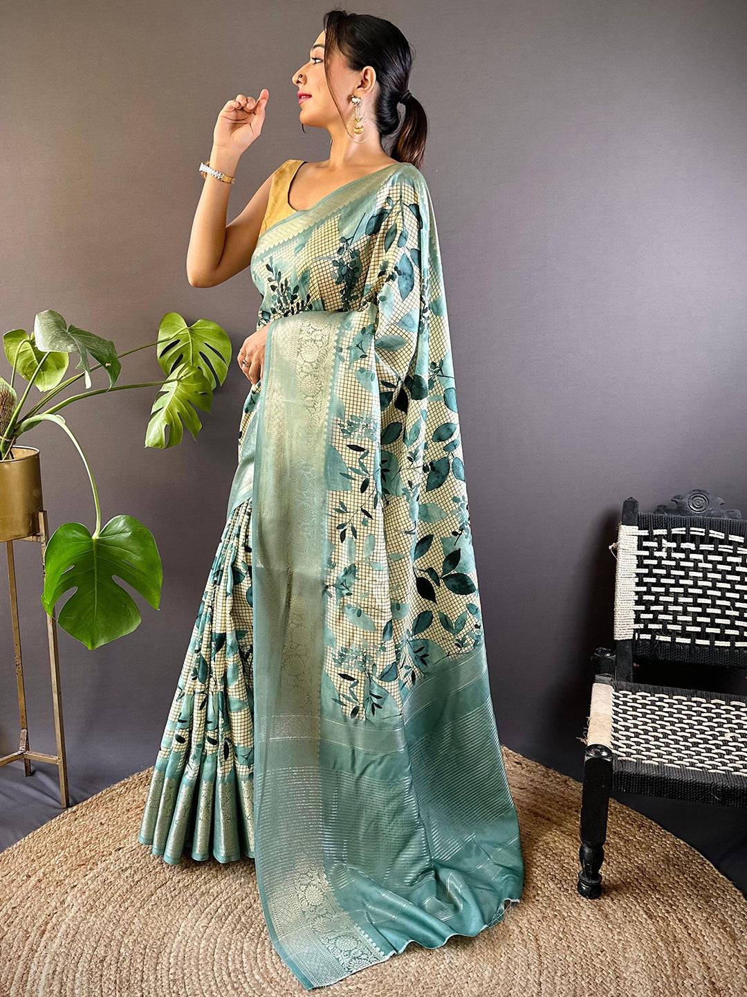 Leaf And Check Turquoise Viscose Saree by My Store