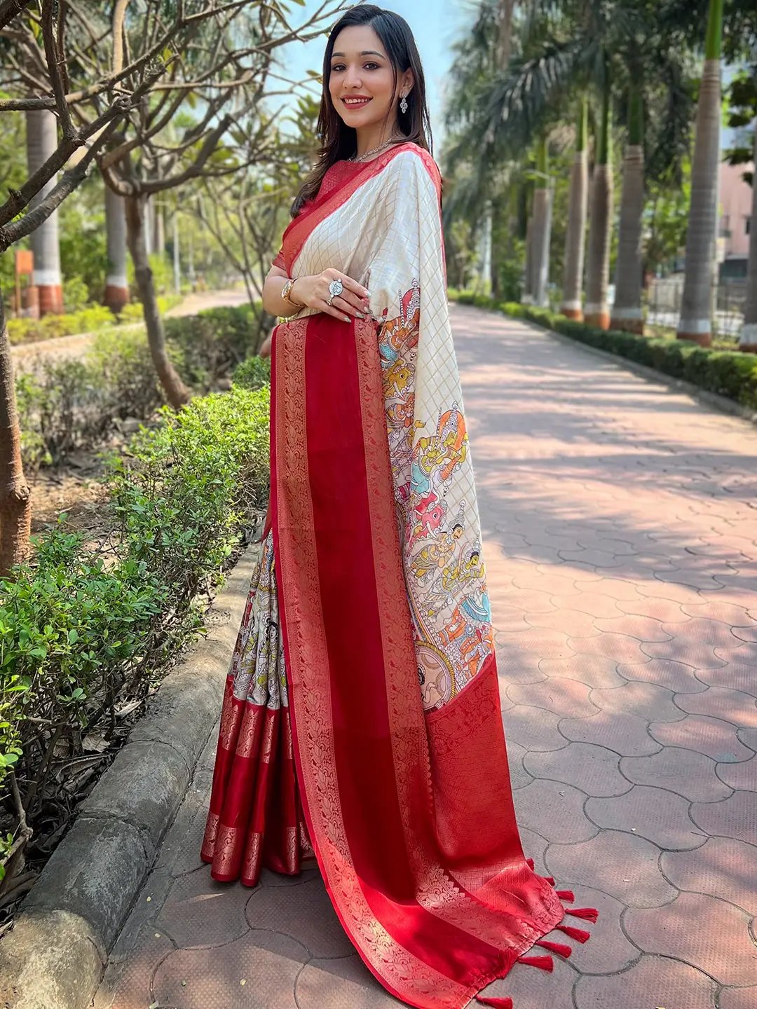 Cream Colour Double Border Chex Weaving Banarasi Soft Silk Saree by My Store