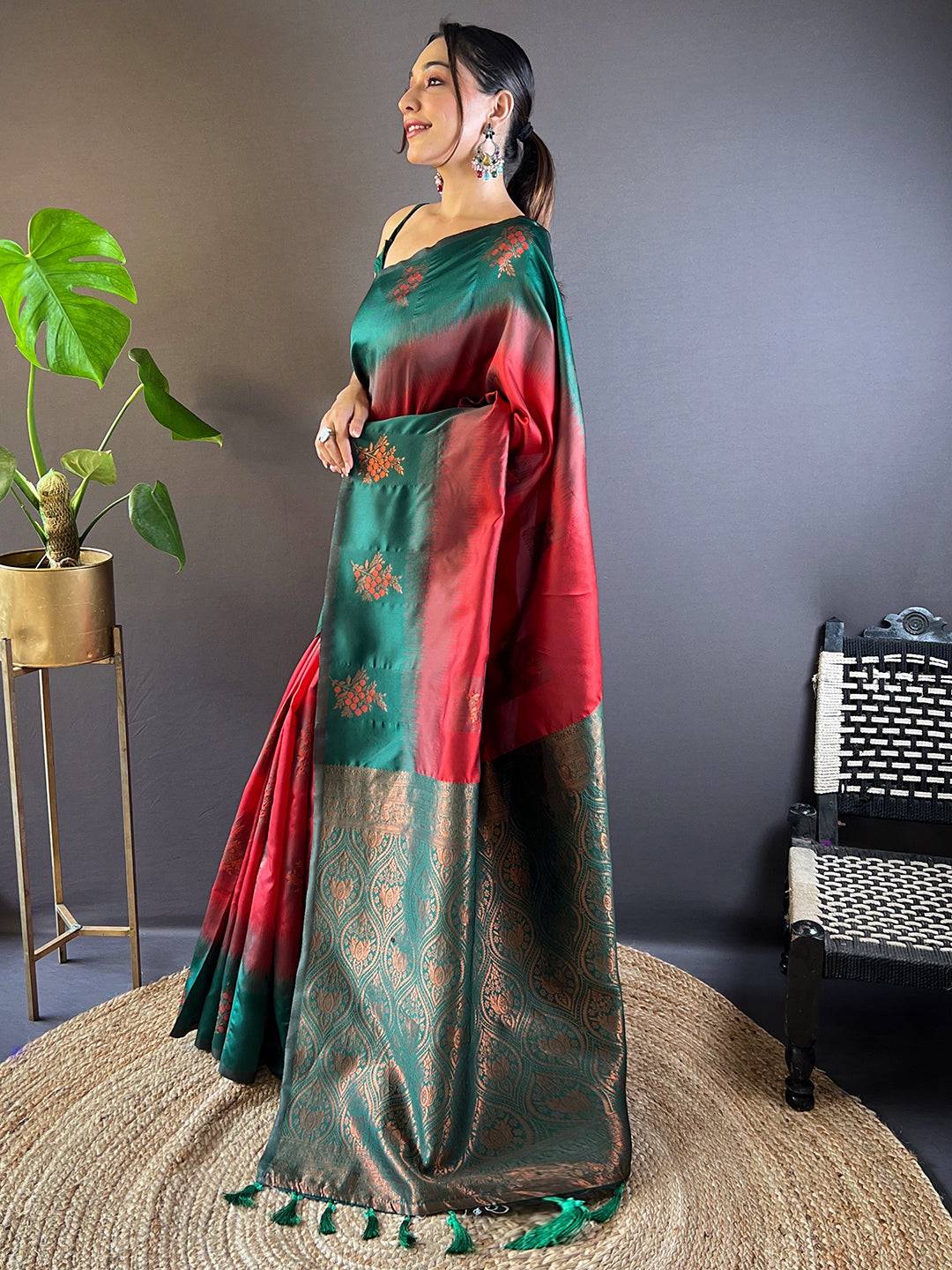 Cherry Red Sami Banarasi Tussar Silk Saree by My Store