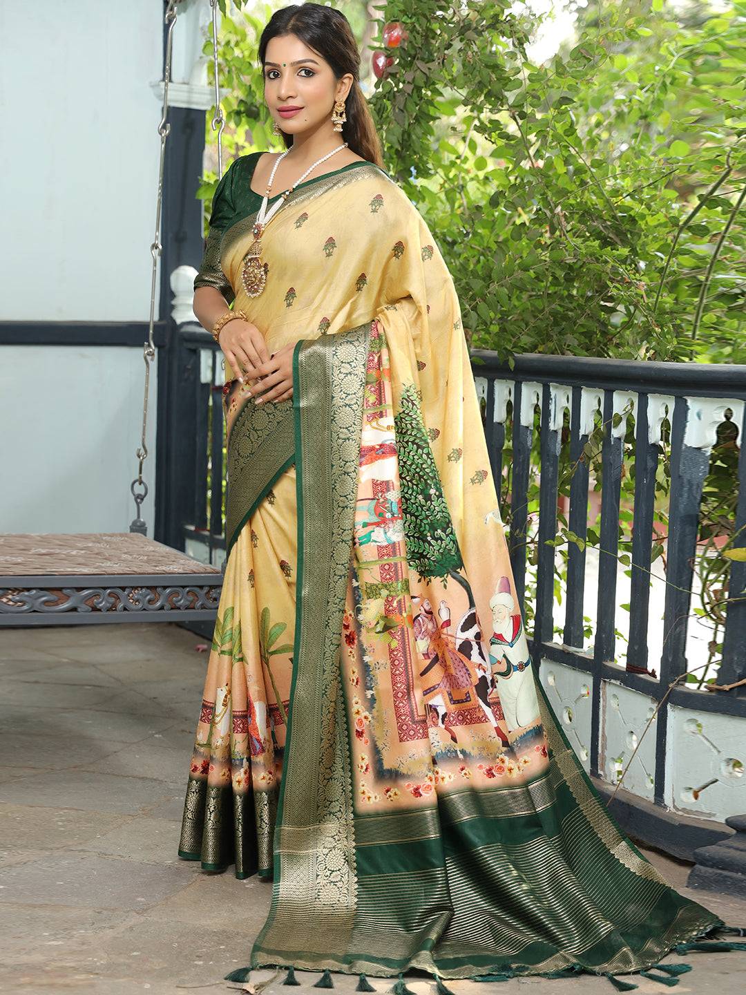 Viscose Dola Silk Yellow Colour Saree with Floral and Mughal Print - Luxe
