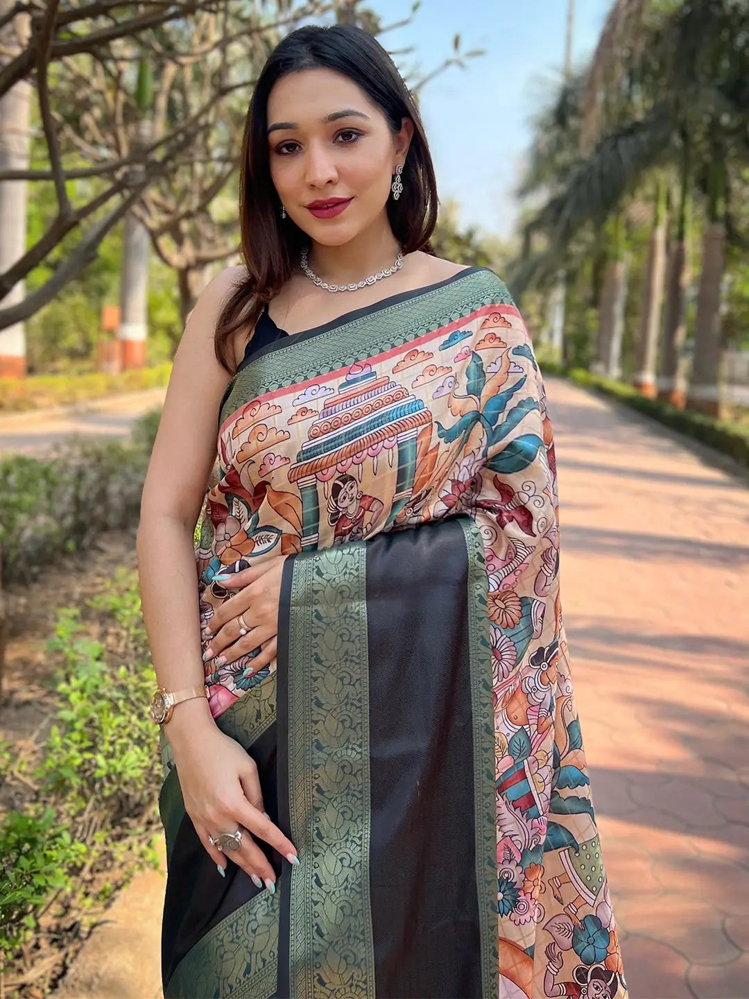 Green Colour Double Border Chex Weaving Banarasi Soft Silk Saree by My Store