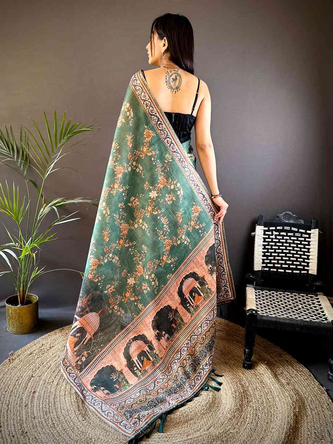 Bottle Green Tissue Chanderi Kalamkari Handprint Saree by My Store