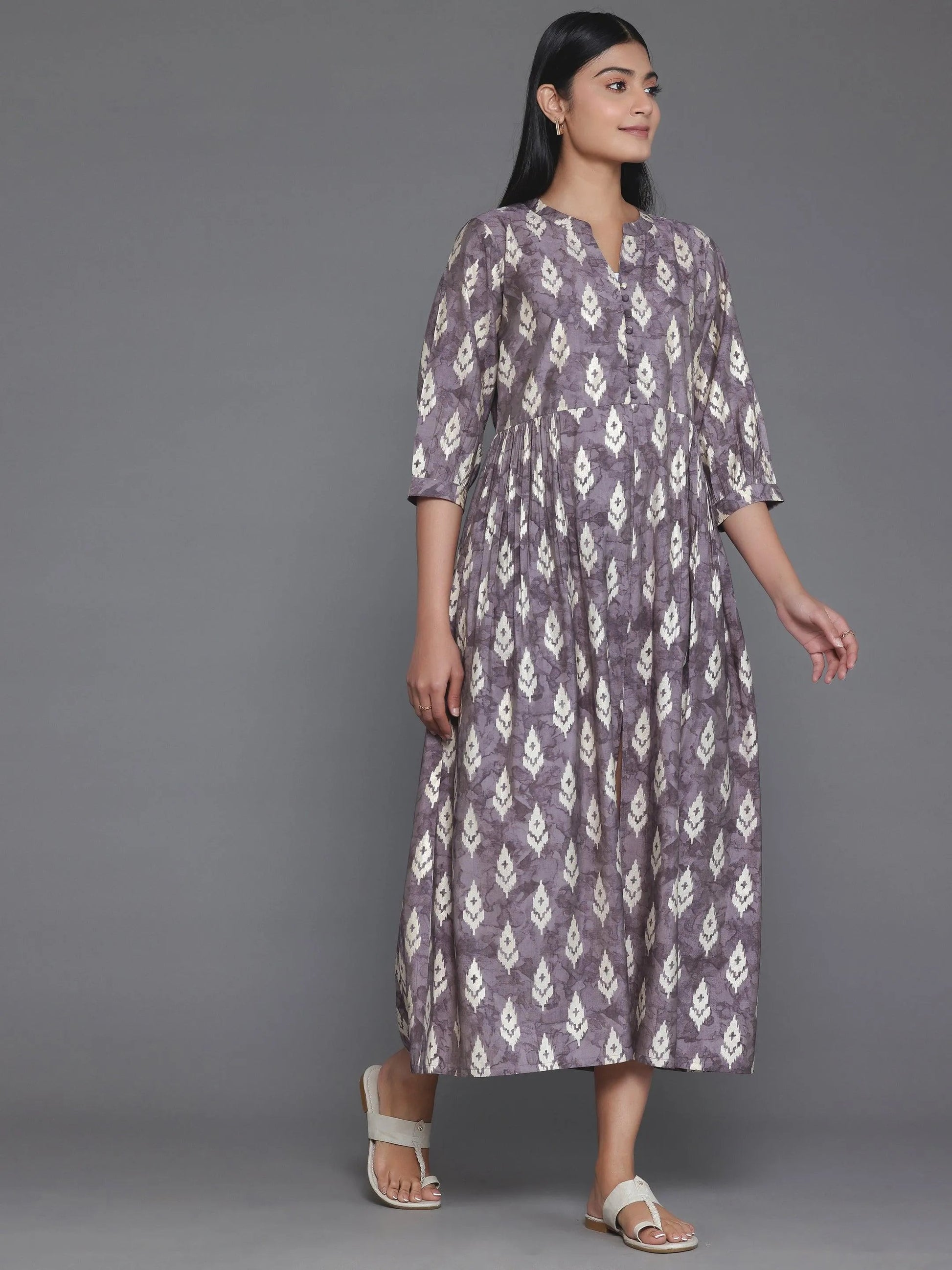 Mauve Printed Silk Fit and Flare Dress by My Store