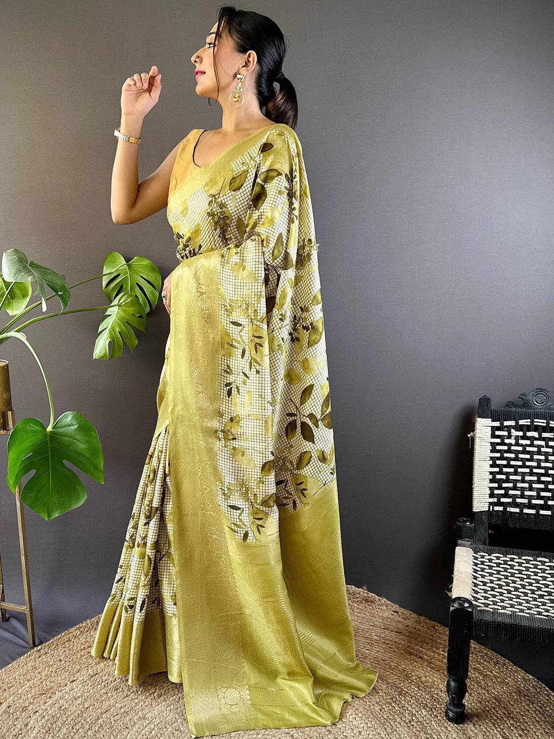 Leaf And Check Olive Viscose Saree by My Store