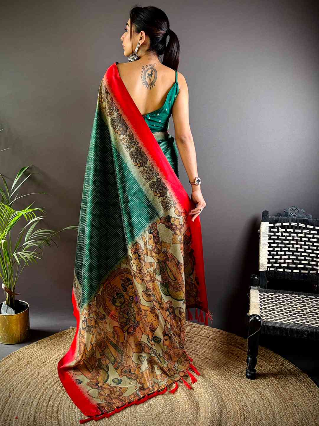 Green Soft Silk Kalamkari Pallu Saree by My Store