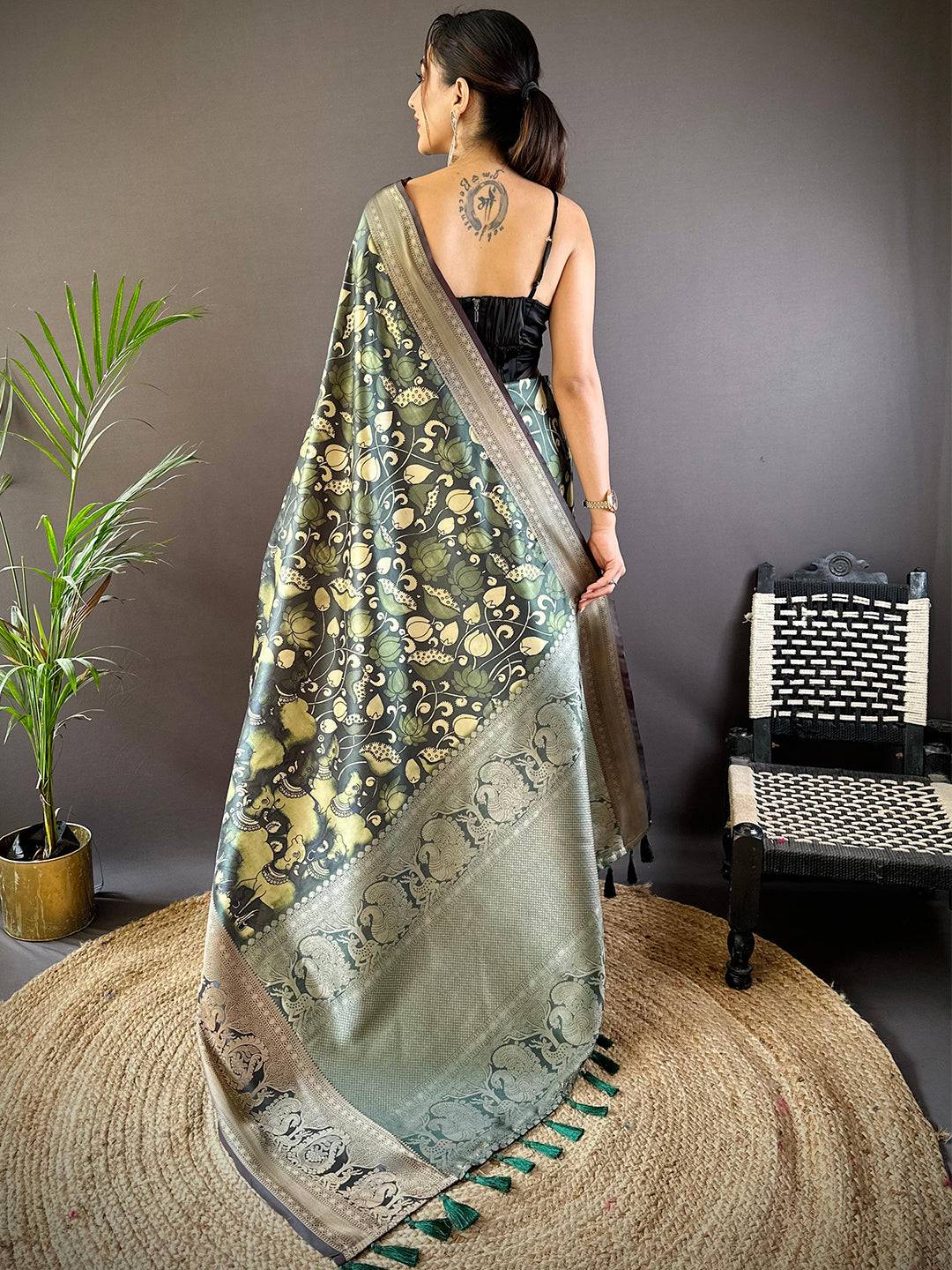 Bottle Green Soft Silk Kalamkari Saree by My Store