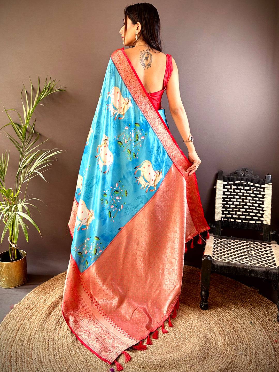 Blue Soft Silk Saree With Pichwai Kalamkari Print