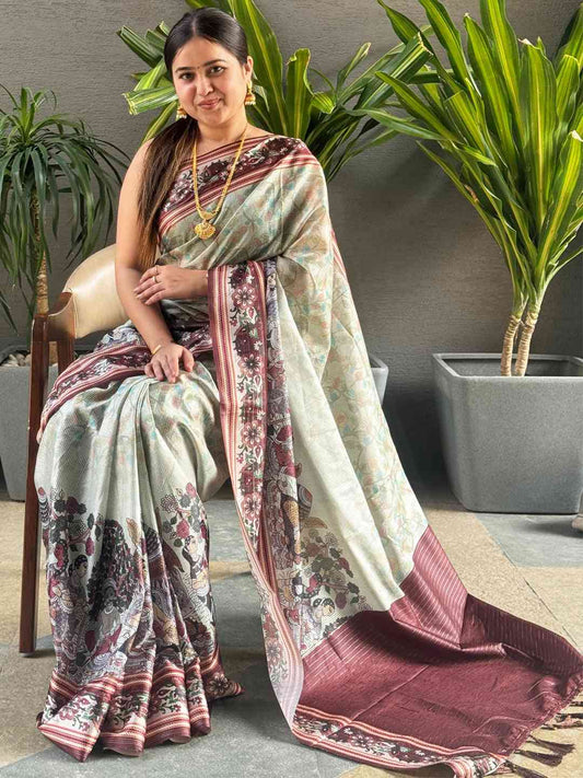Pista Colour Satin Kota Doria Digital Kalamkari Zari Pallu by My Store