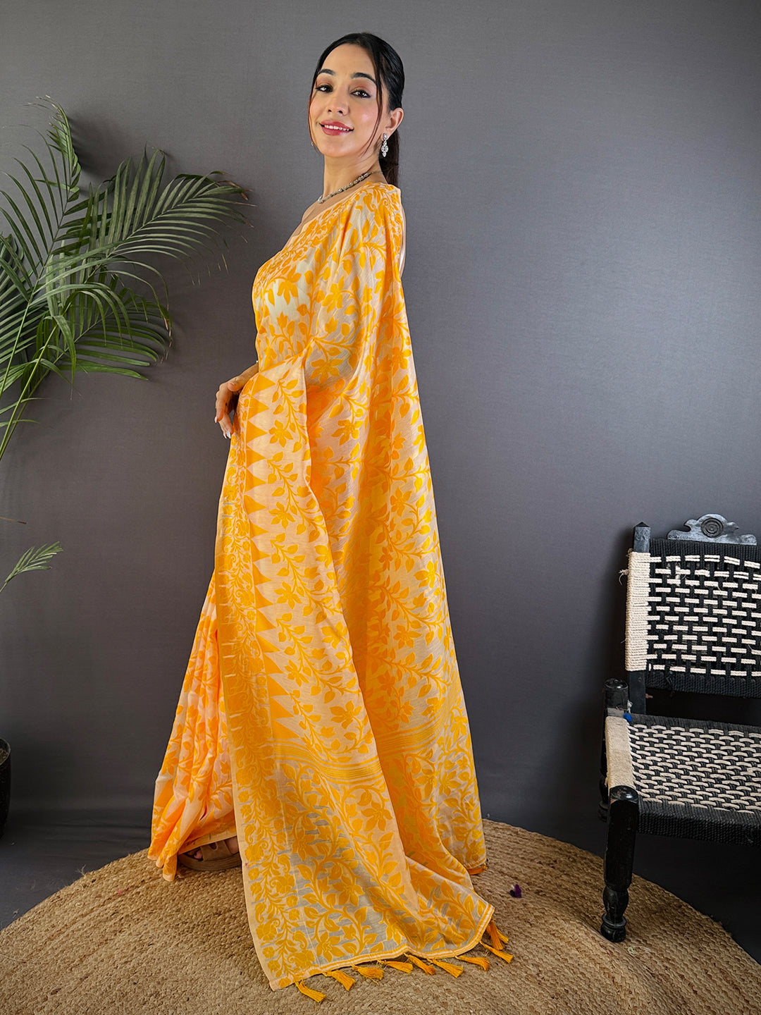 Bright Yellow Soft Cotton Silk Jamdani Saree by My Store