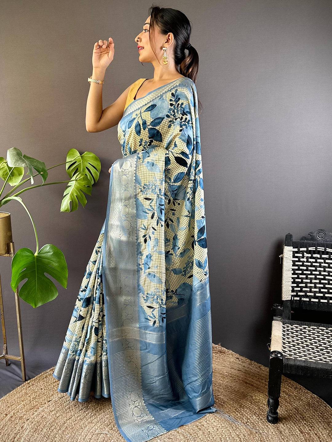 Leaf And Check Sky Blue Viscose Saree by My Store