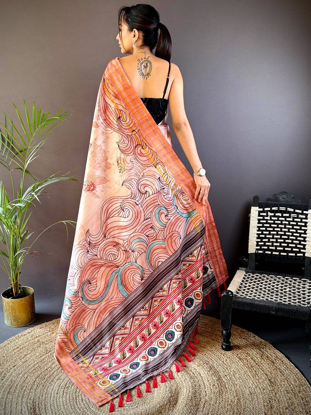 Pink Soft Silk Ocean Wave Patterns Saree by My Store