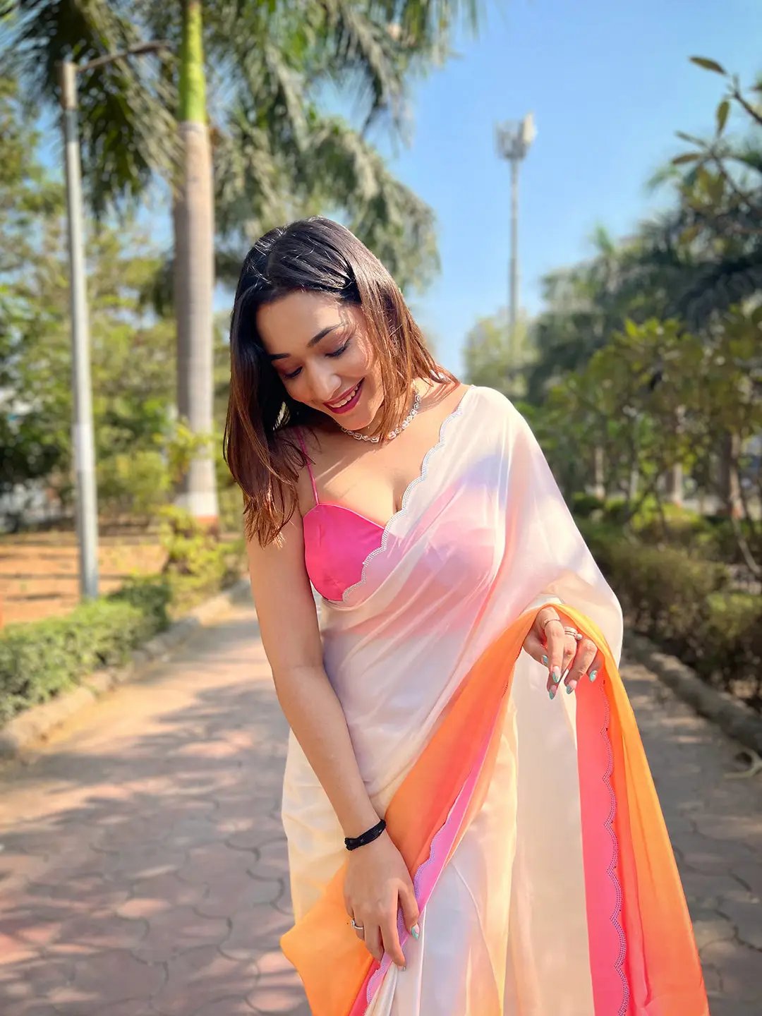 Pink Satin Georgette Saree