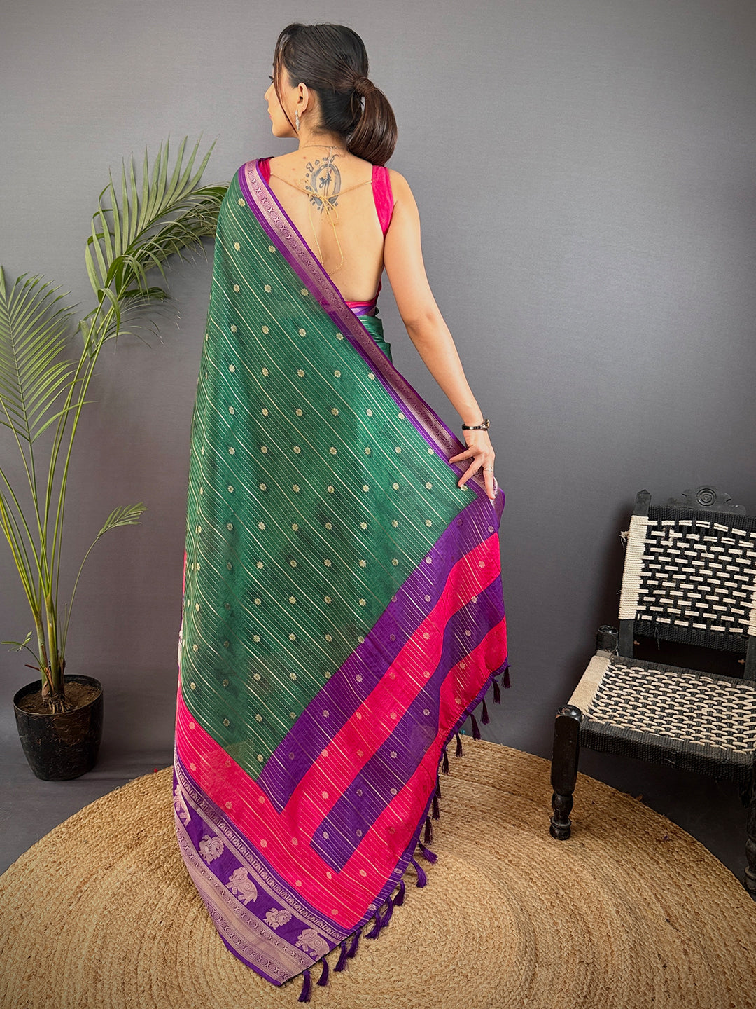 Green Soft Dola Silk Striped Print Saree by My Store
