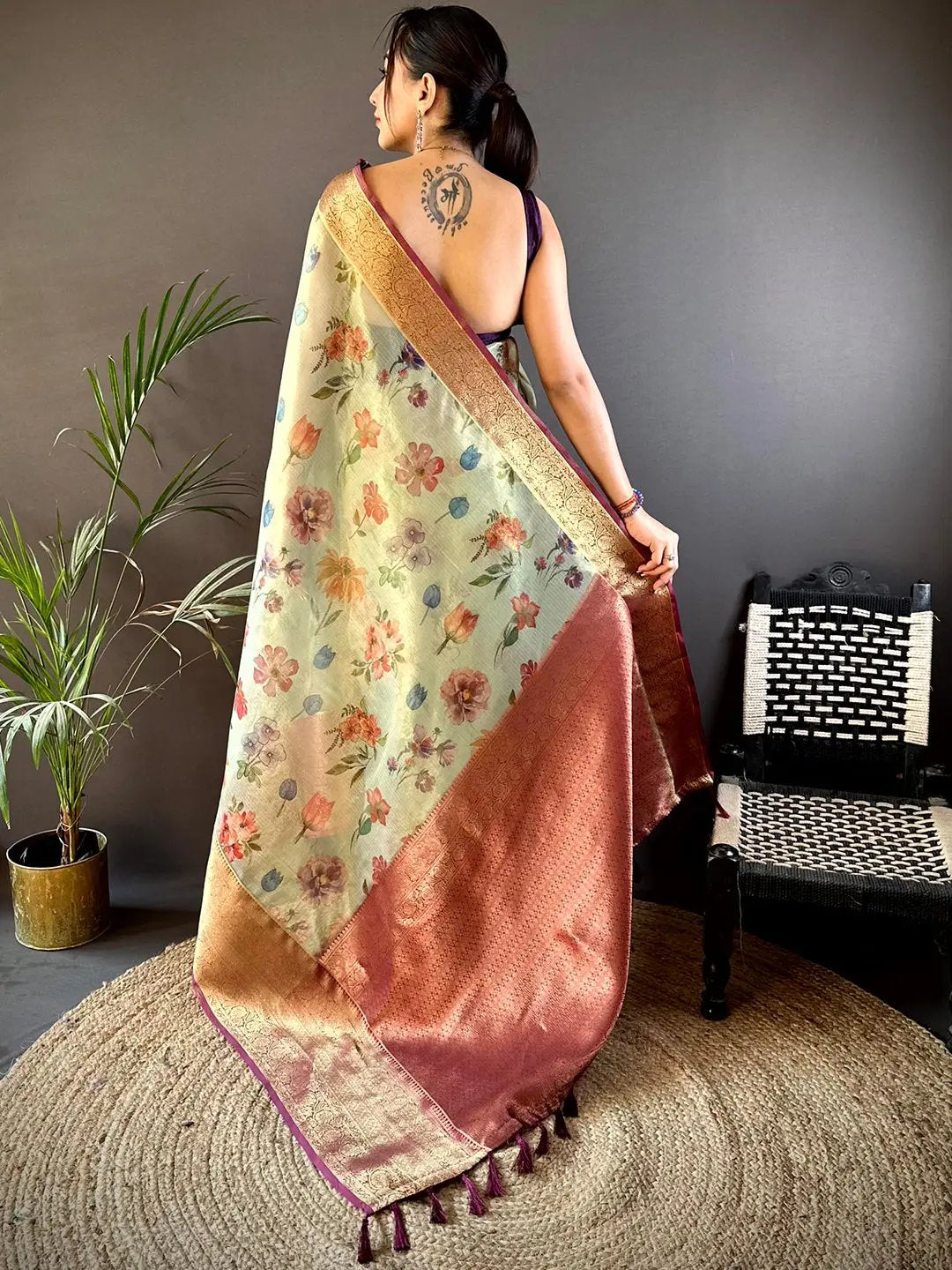 Jade Green Floral Gold Zari Tissue Saree by My Store