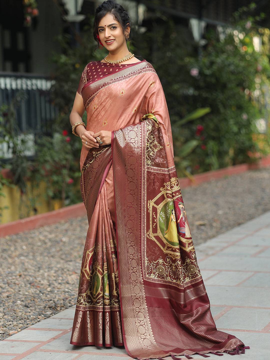 Pure Viscose Dola Silk Saree With Zari Weaving Pallu In Peach Colour - Luxe by My Store