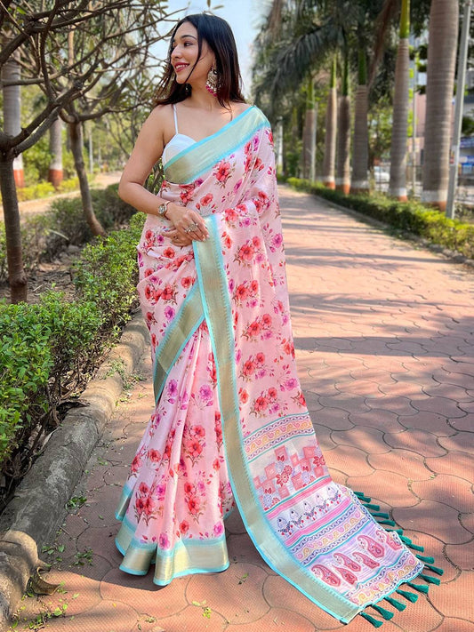 Pink Kota With Digital Floral Printed Saree by My Store