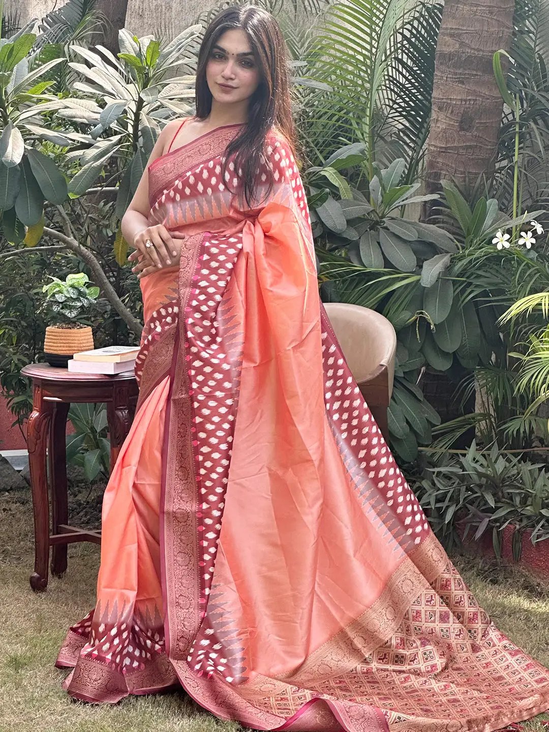 Pure Banarasi Soft Silk With Patola Pallu on Saree in Peach Colour by My Store