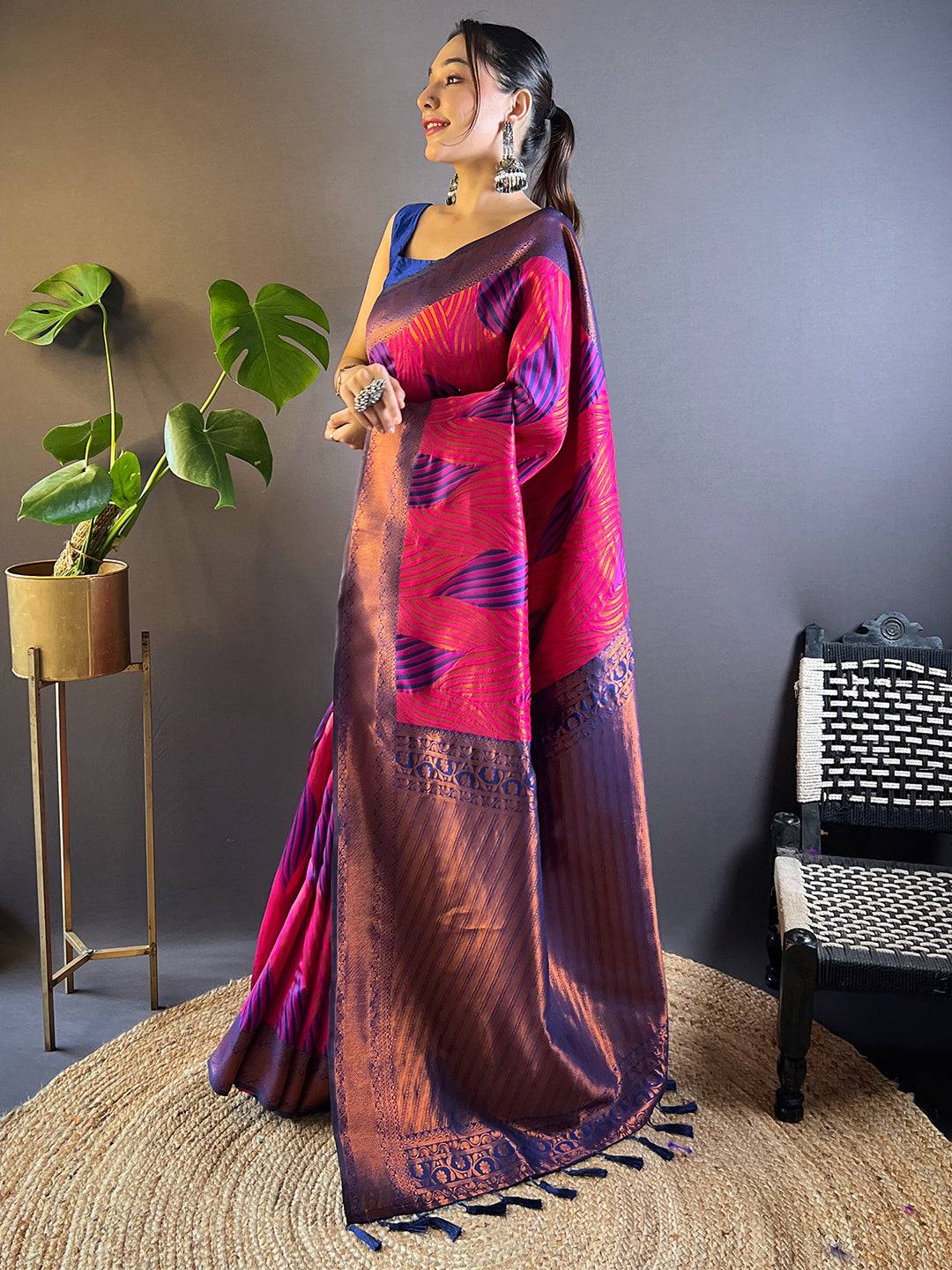 Rani Tussar Silk Zari Weaving Ikkat Saree by My Store