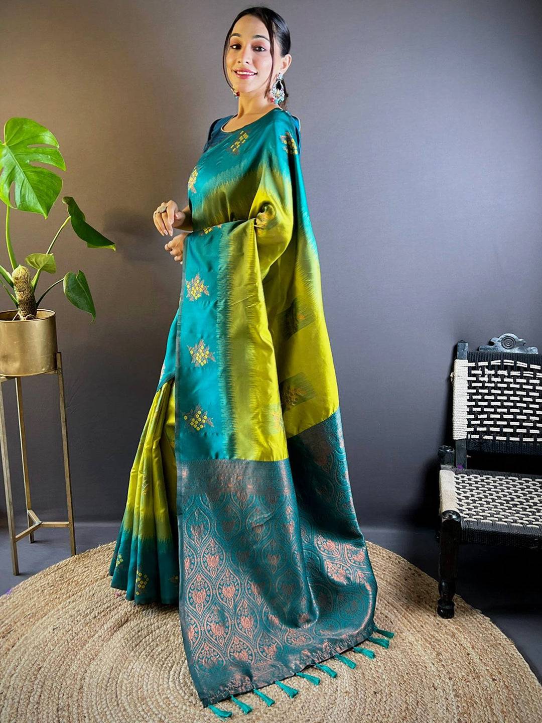 Lime Sami Banarasi Tussar Silk Saree by My Store
